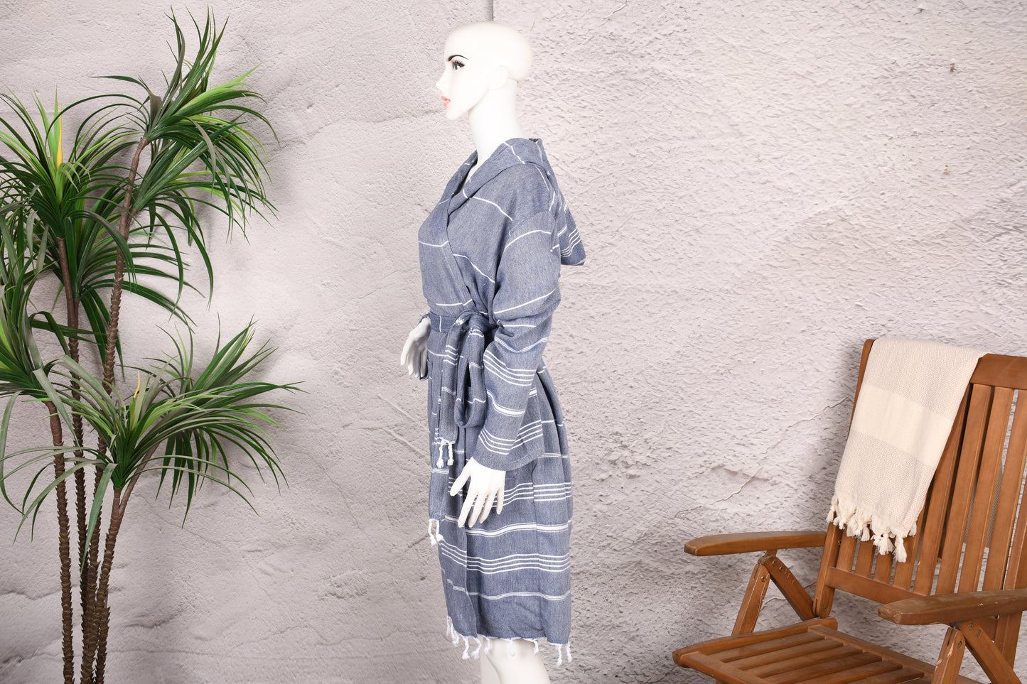 Steel Blue Classic Stripe Hooded Turkish Towel Robe for Women