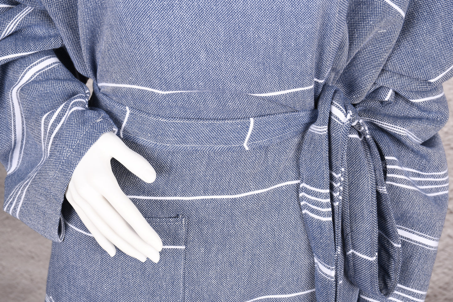 Steel Blue Classic Stripe Hooded Turkish Towel Robe for Women