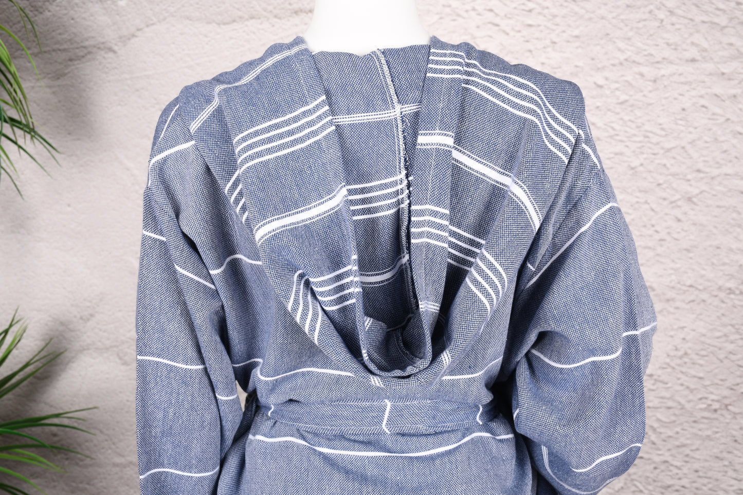 Steel Blue Classic Stripe Hooded Turkish Towel Robe for Women