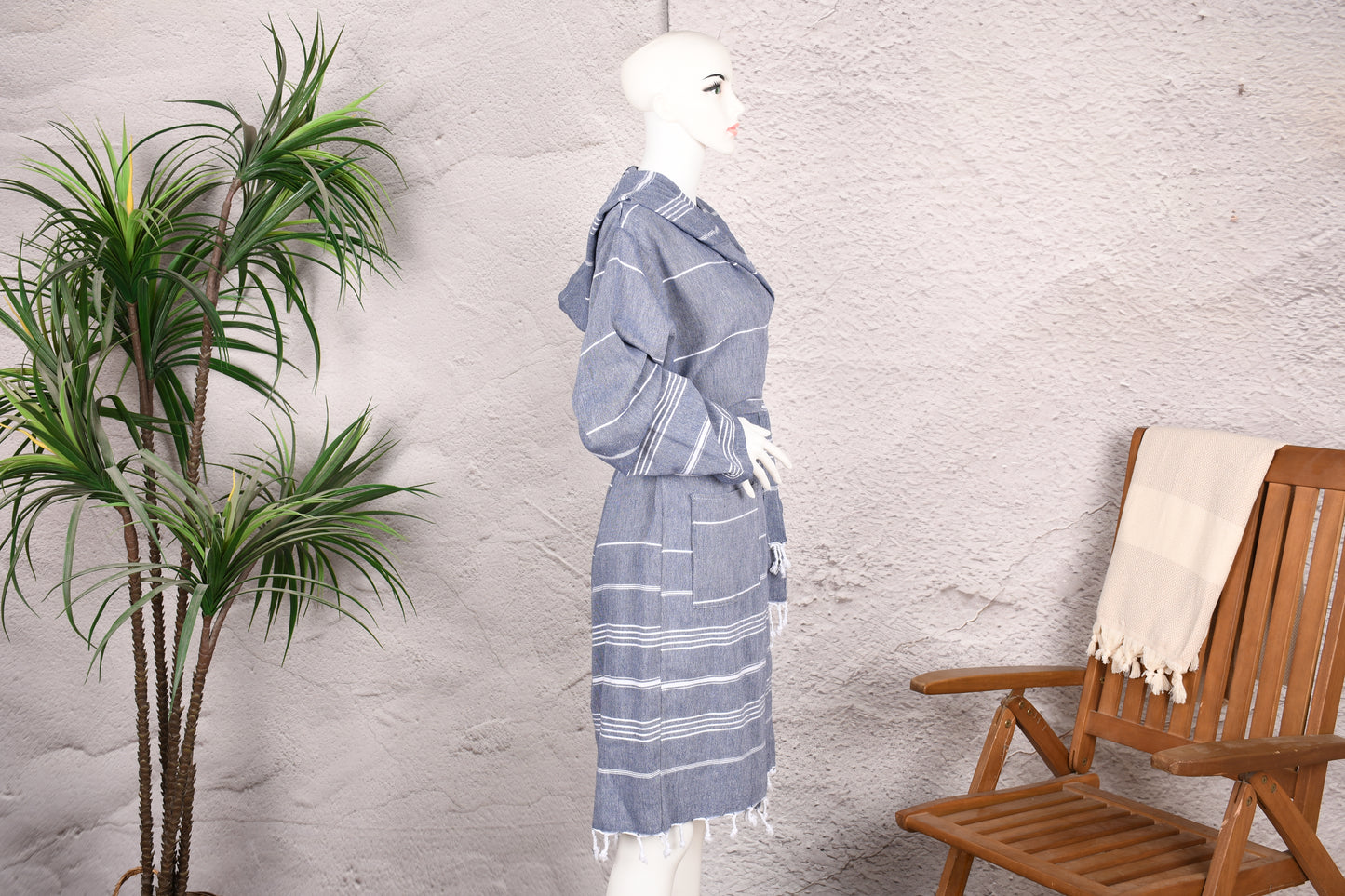 Denim Blue Fine Stripe Hooded Turkish Towel Robe for Women