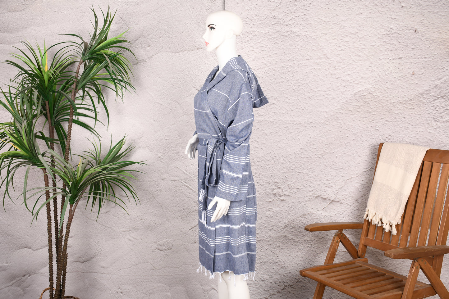 Denim Blue Fine Stripe Hooded Turkish Towel Robe for Women