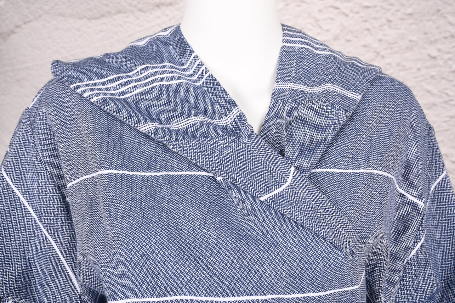 Denim Blue Fine Stripe Hooded Turkish Towel Robe for Women