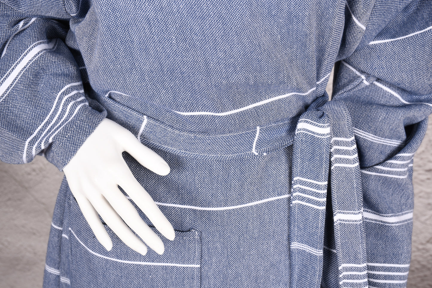Denim Blue Fine Stripe Hooded Turkish Towel Robe for Women