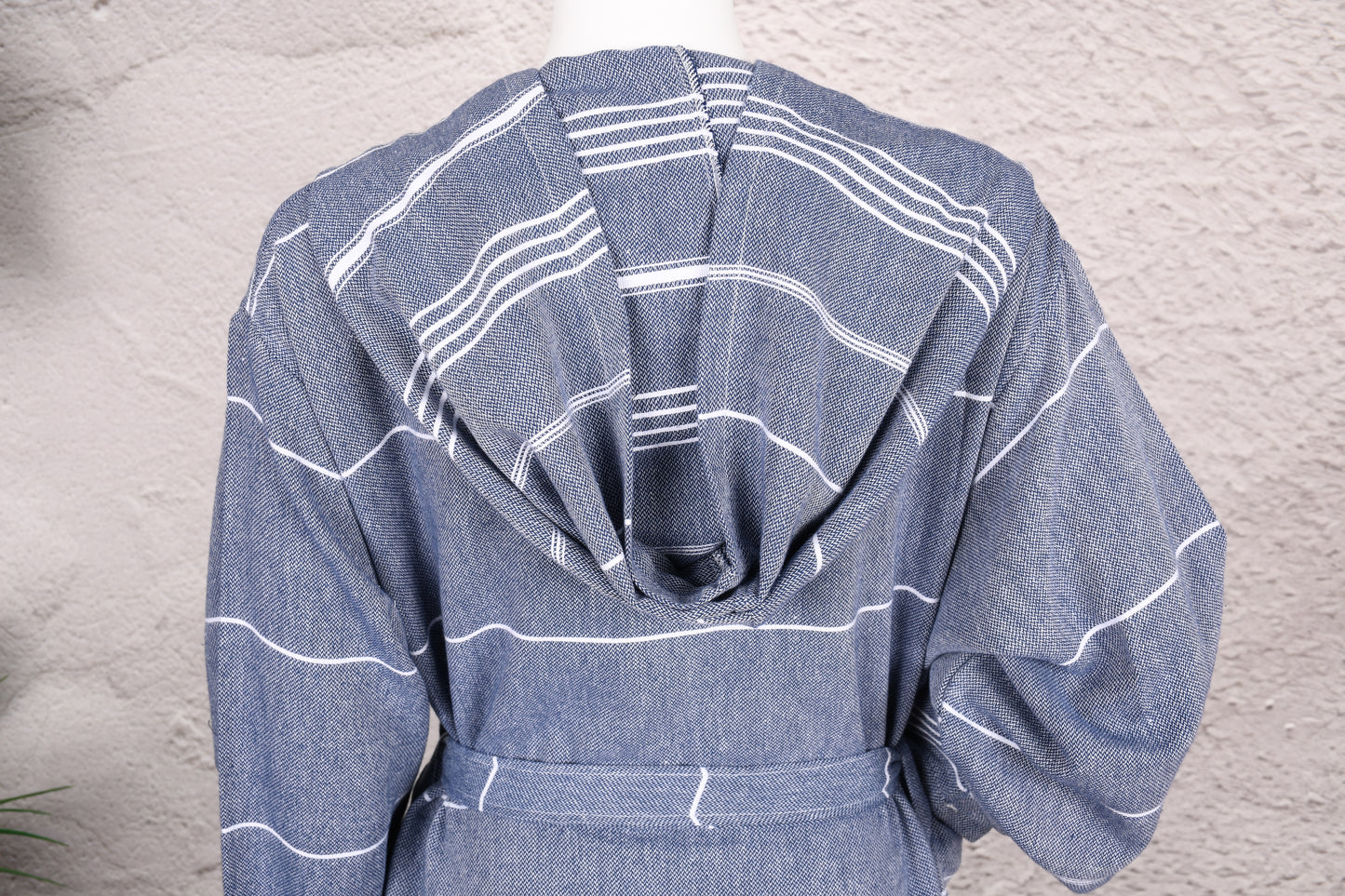 Denim Blue Fine Stripe Hooded Turkish Towel Robe for Women