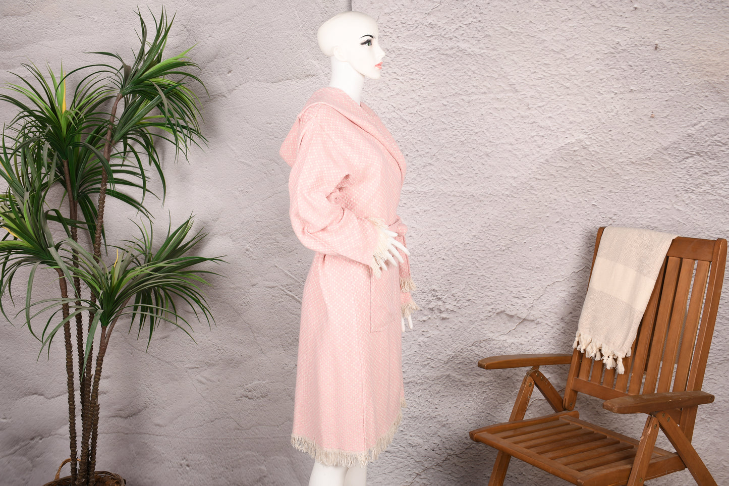 Blush Pink Textured Hooded Turkish Towel Robe for Women