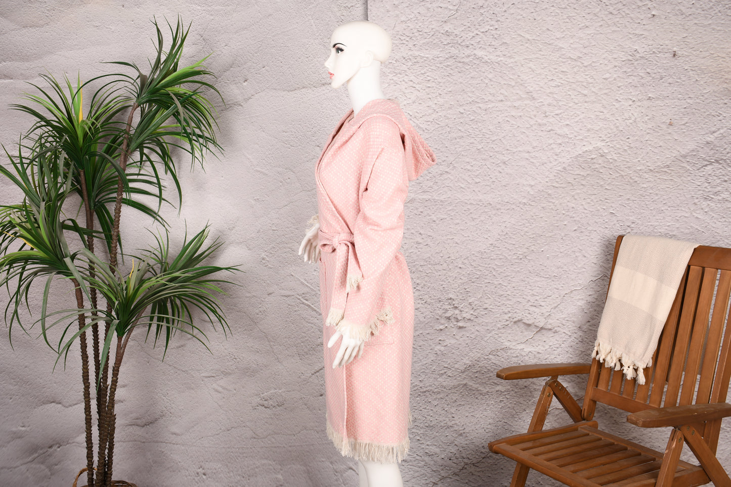 Blush Pink Textured Hooded Turkish Towel Robe for Women