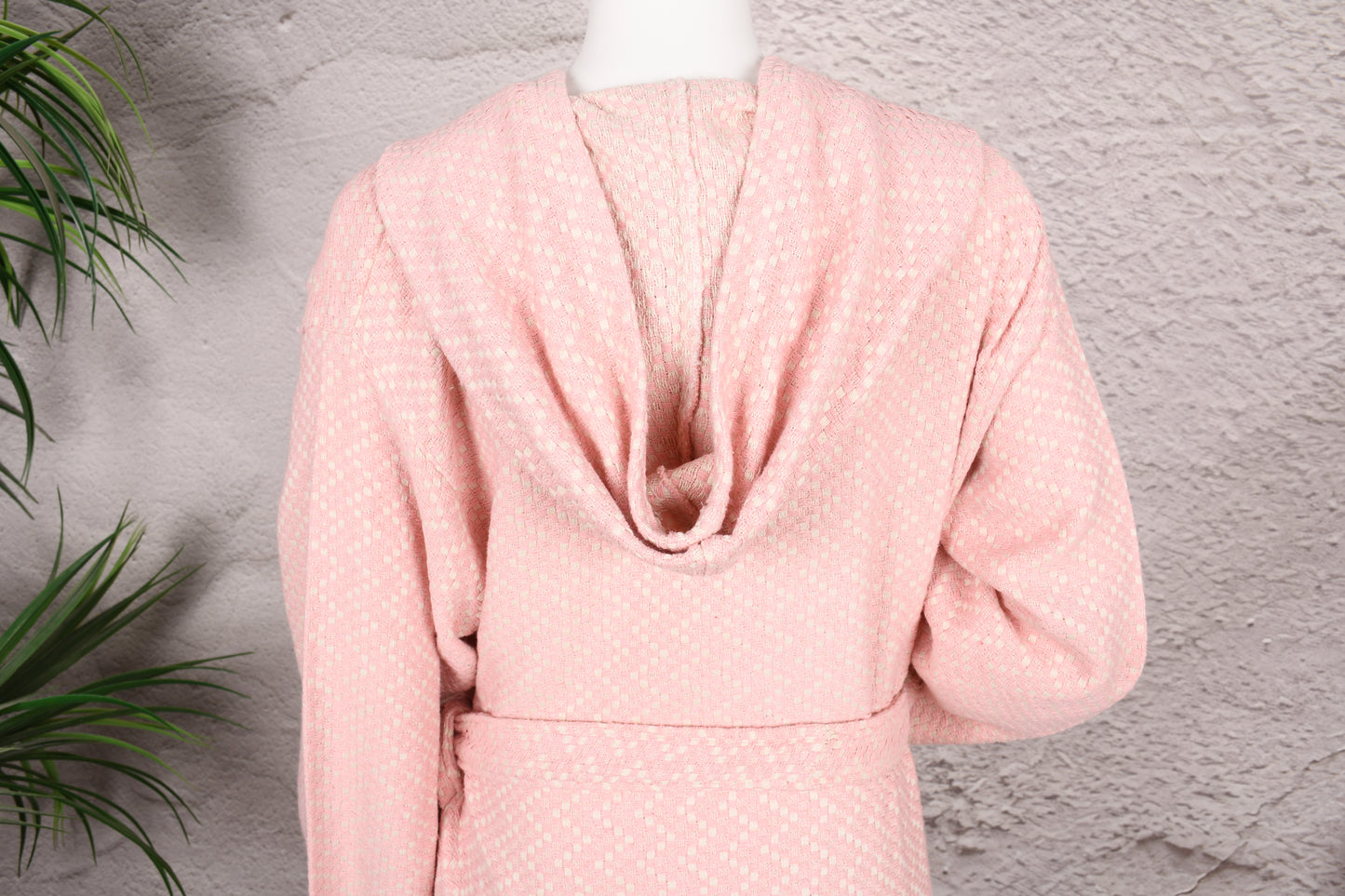 Blush Pink Textured Hooded Turkish Towel Robe for Women