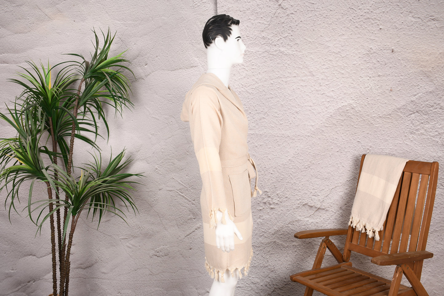 Natural Beige Diamond Hooded Turkish Towel Robe for Men