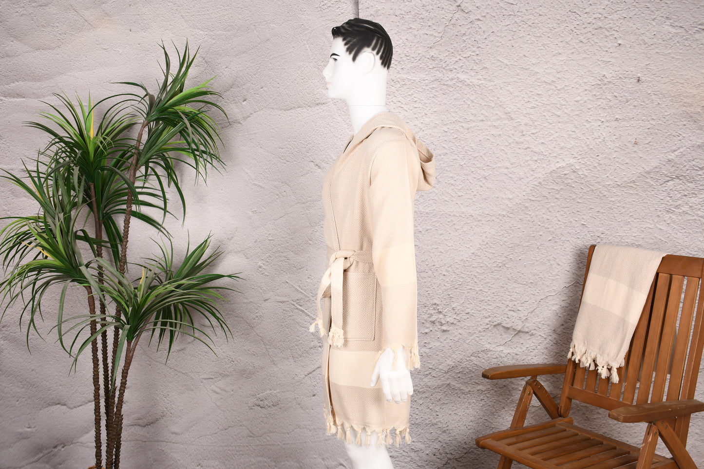 Natural Beige Diamond Hooded Turkish Towel Robe for Men