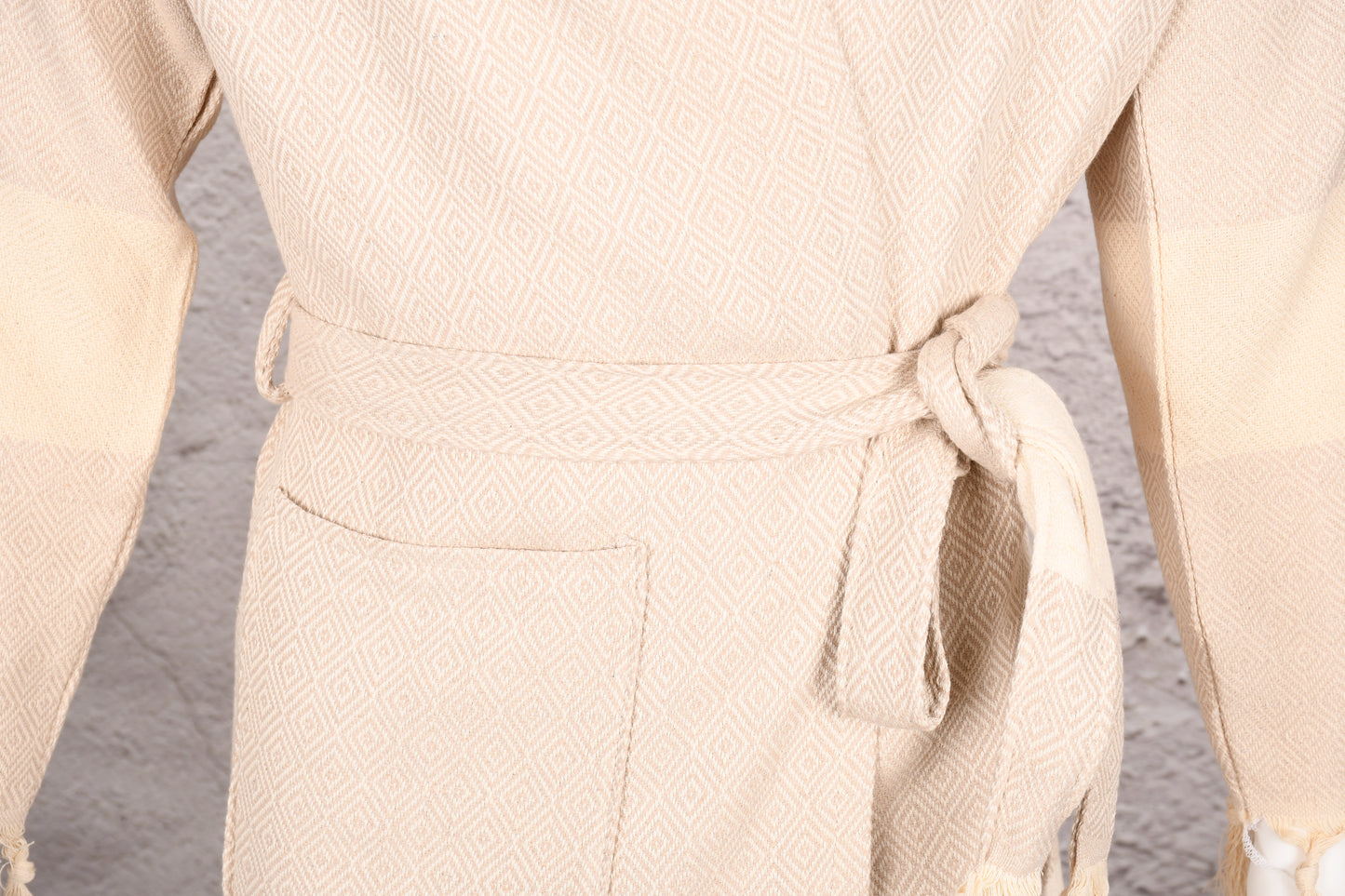 Natural Beige Diamond Hooded Turkish Towel Robe for Men