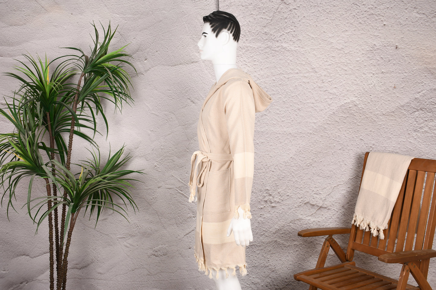 Natural Cream Hooded Turkish Towel Robe for Men