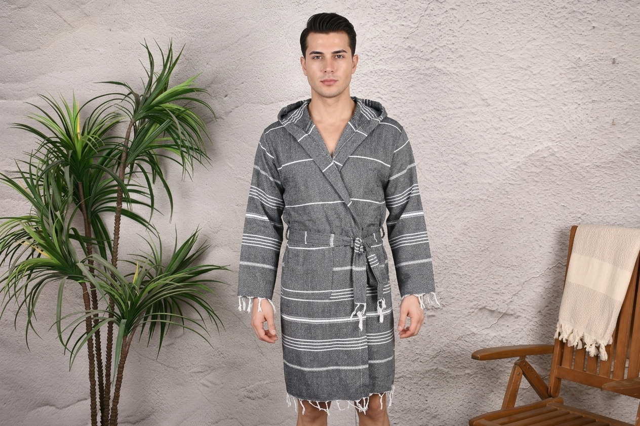 Charcoal Stripe Hooded Turkish Towel Robe for Men
