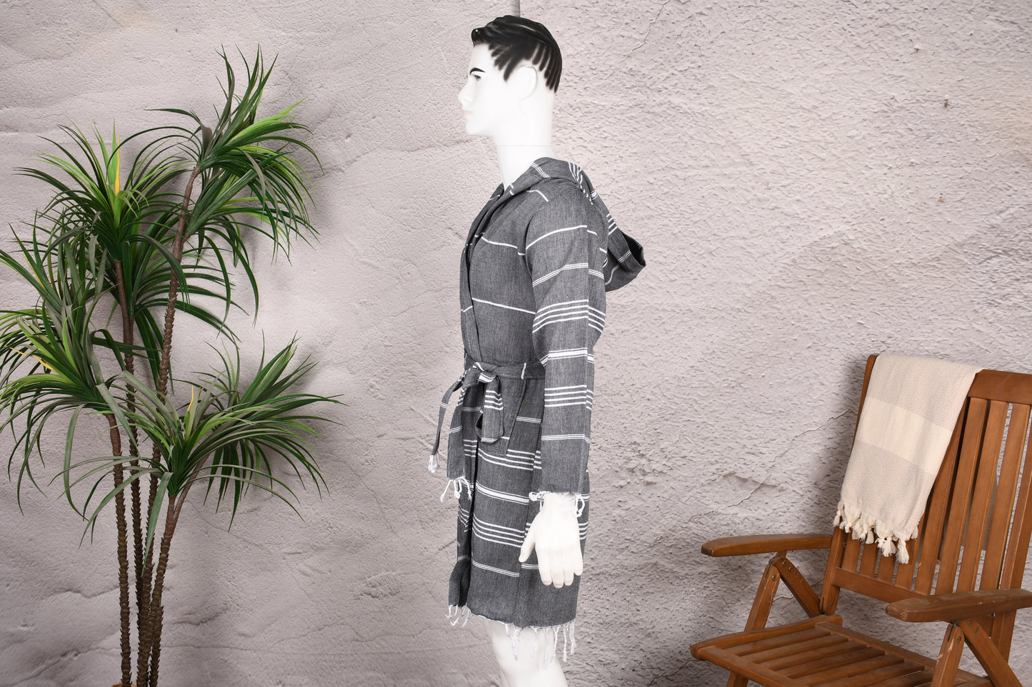 Charcoal Stripe Hooded Turkish Towel Robe for Men