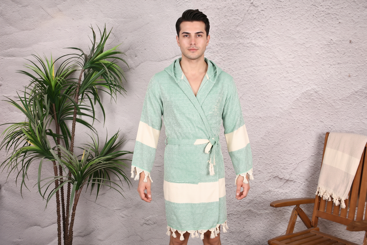 Mint Green Diamond Hooded Turkish Towel Robe for Men