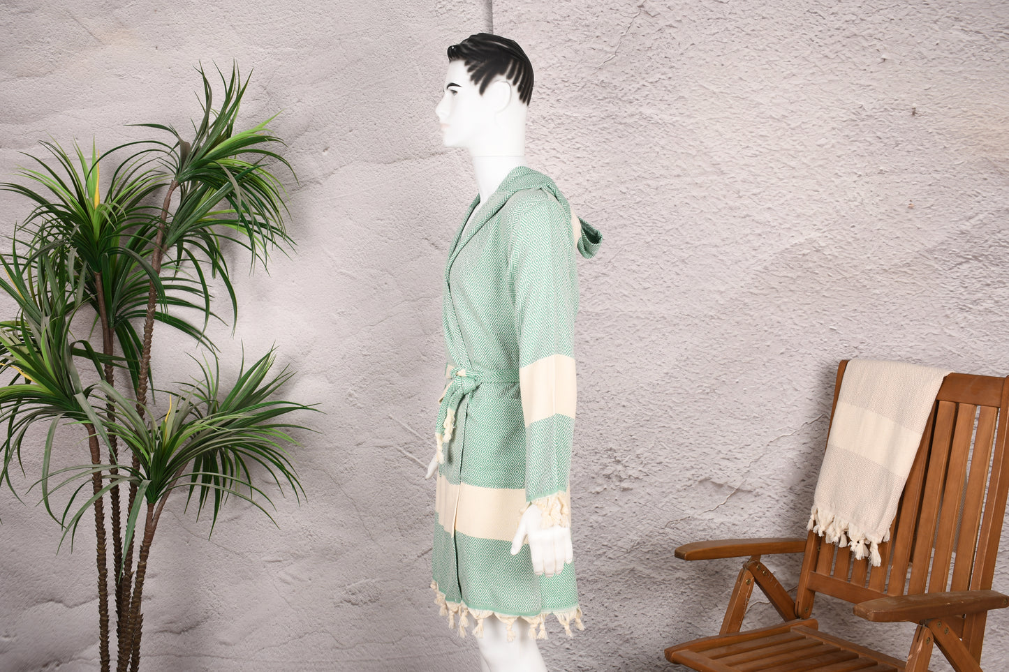 Mint Green Diamond Hooded Turkish Towel Robe for Men