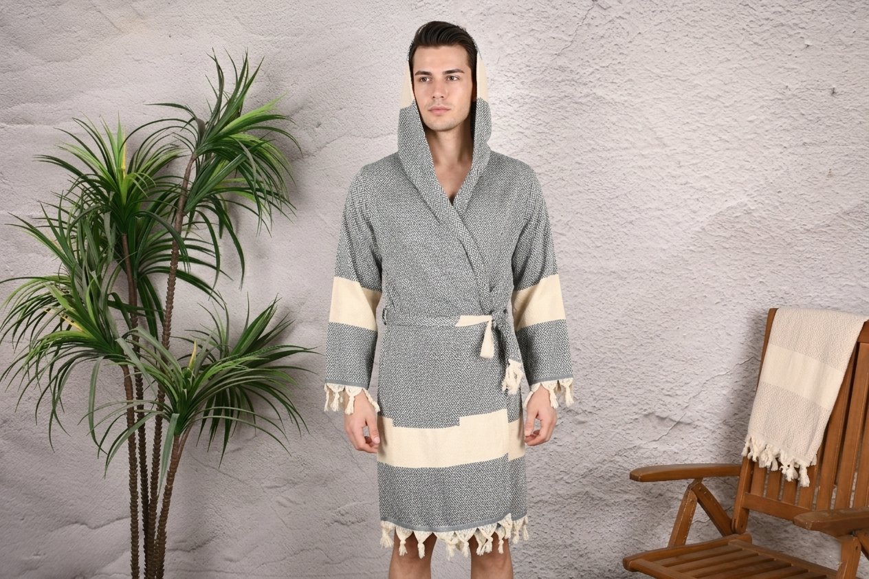 Charcoal Diamond Hooded Turkish Towel Robe for Men