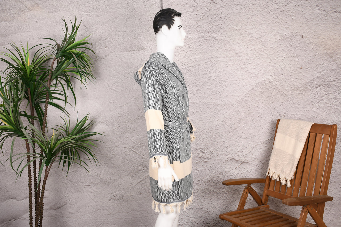 Charcoal Diamond Hooded Turkish Towel Robe for Men