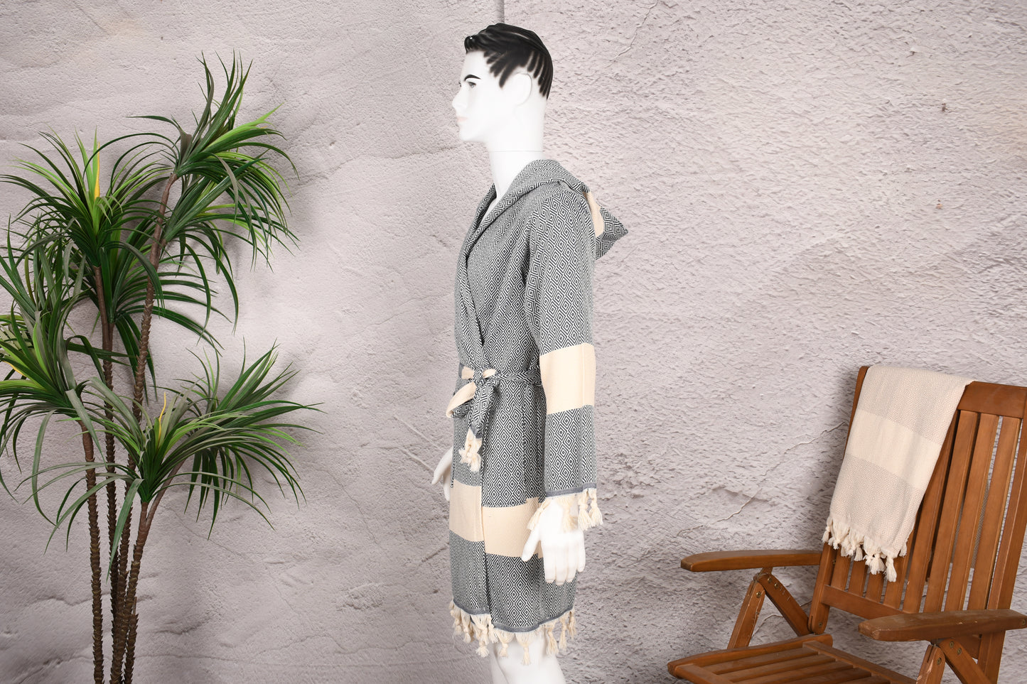 Charcoal Diamond Hooded Turkish Towel Robe for Men