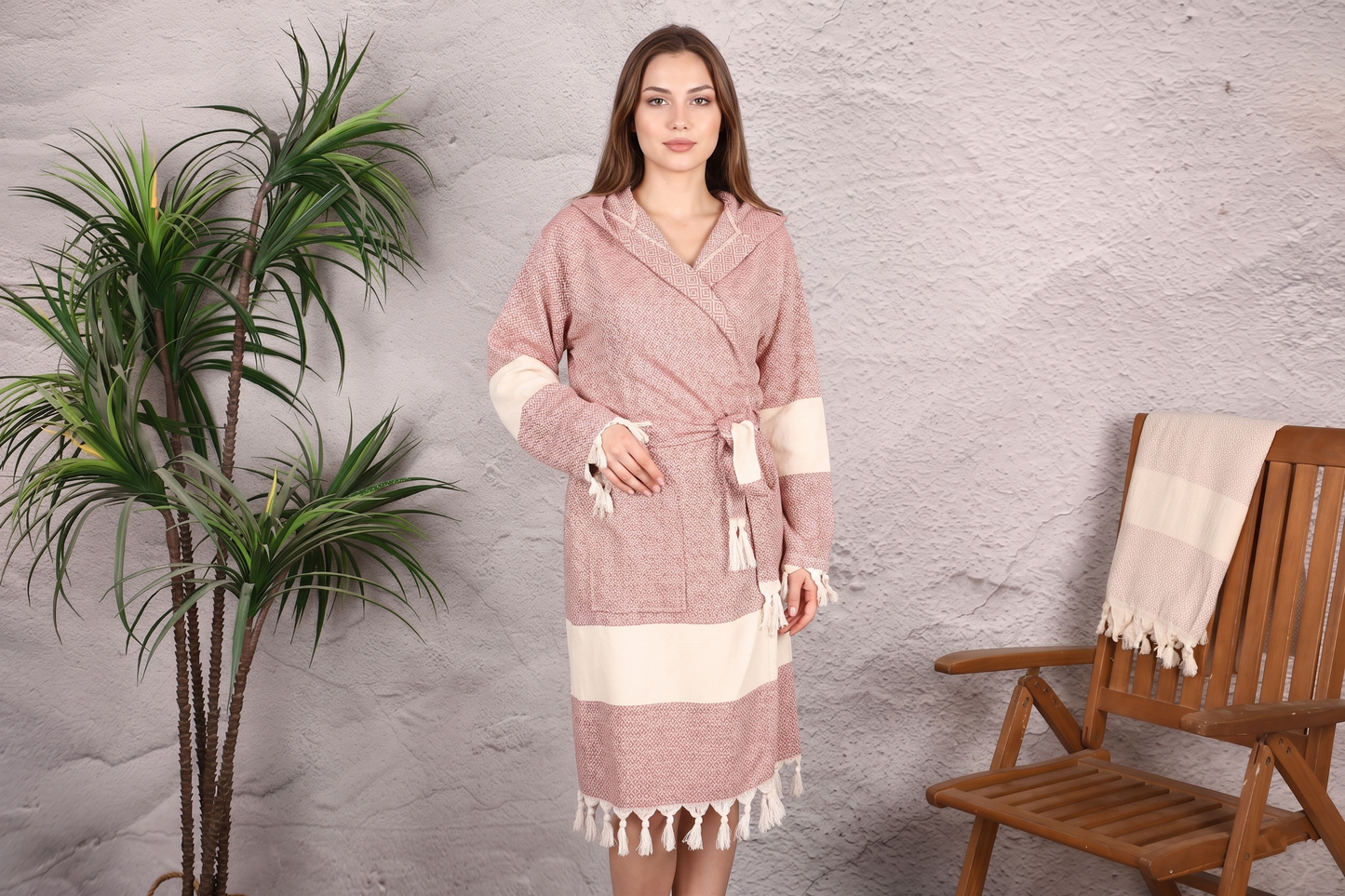 Rose Clay Diamond Hooded Turkish Towel Robe for Women