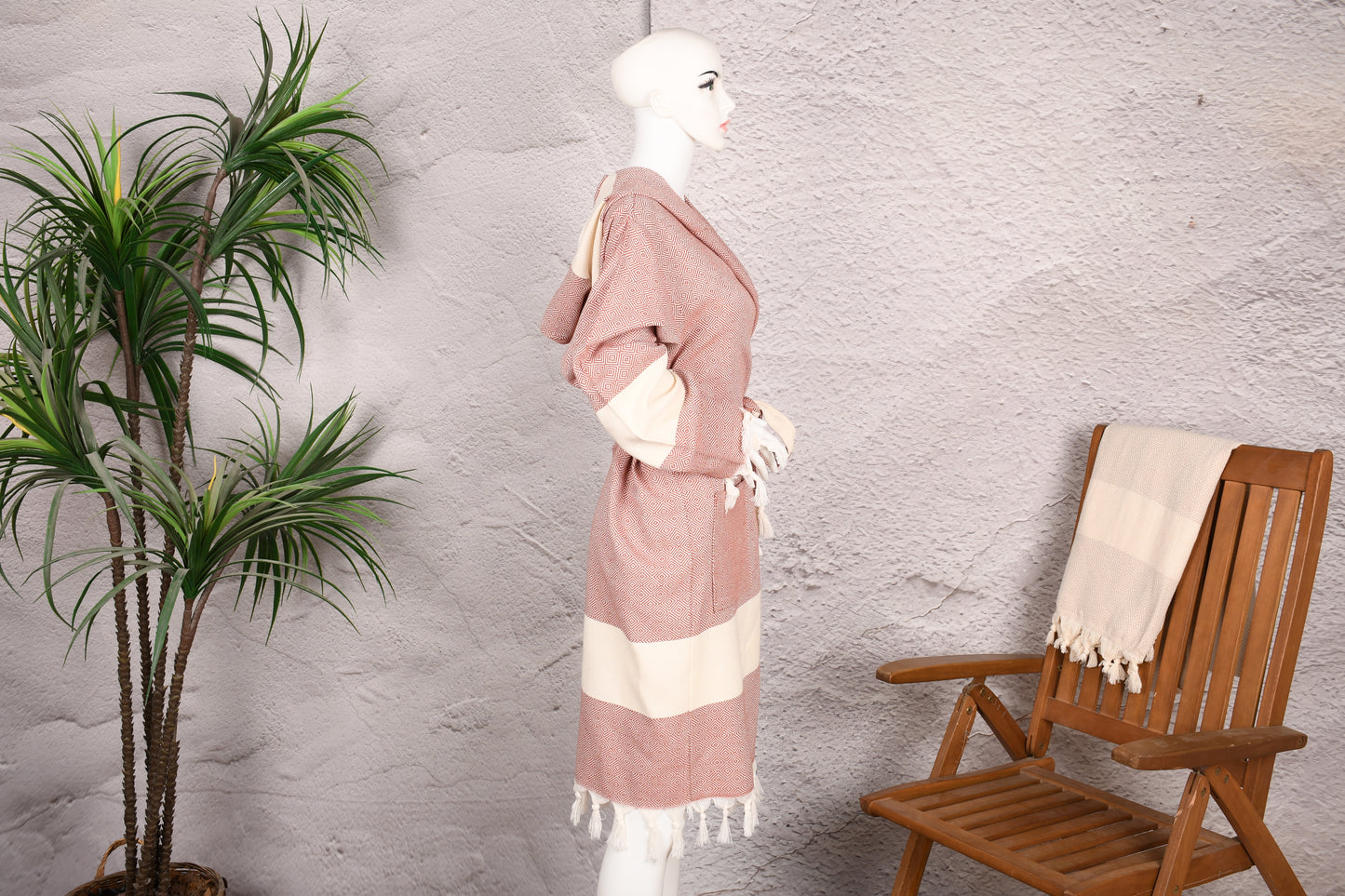 Rose Clay Diamond Hooded Turkish Towel Robe for Women