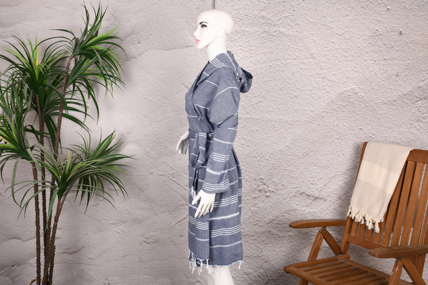 Slate Blue Stripe Hooded Turkish Towel Robe for Women
