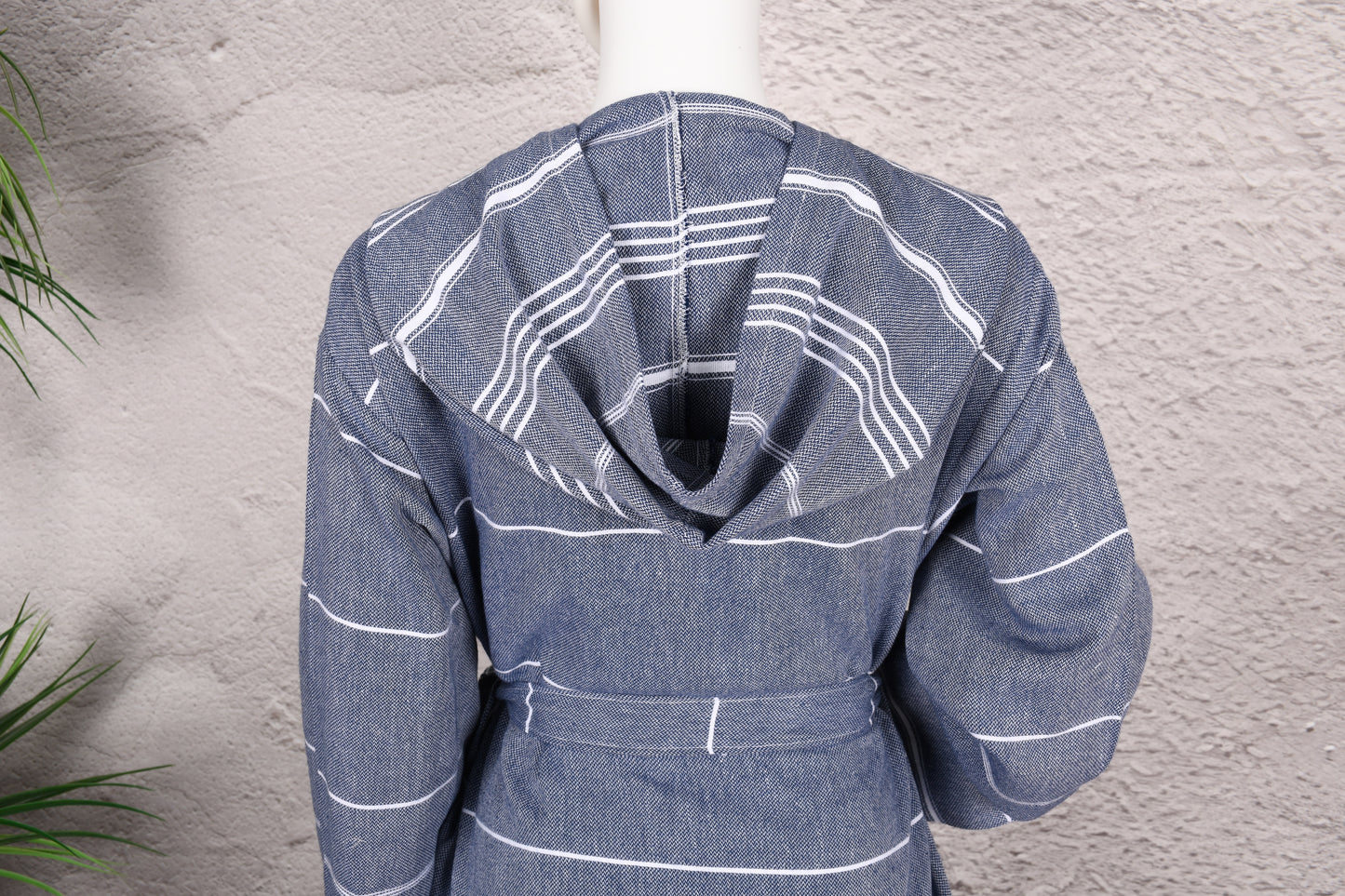 Slate Blue Stripe Hooded Turkish Towel Robe for Women