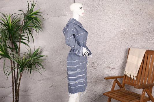 Damen Bademantel aus türkischem Handtuchstoff mit Kapuze, Denimblau, minimalistisch gestreift