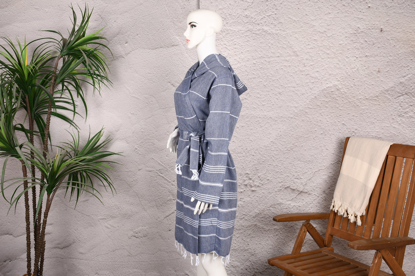 Denim Blue Minimal Stripe Hooded Turkish Towel Robe for Women