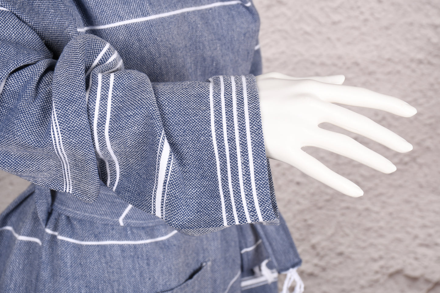 Denim Blue Minimal Stripe Hooded Turkish Towel Robe for Women