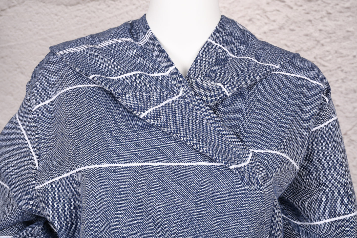 Denim Blue Minimal Stripe Hooded Turkish Towel Robe for Women