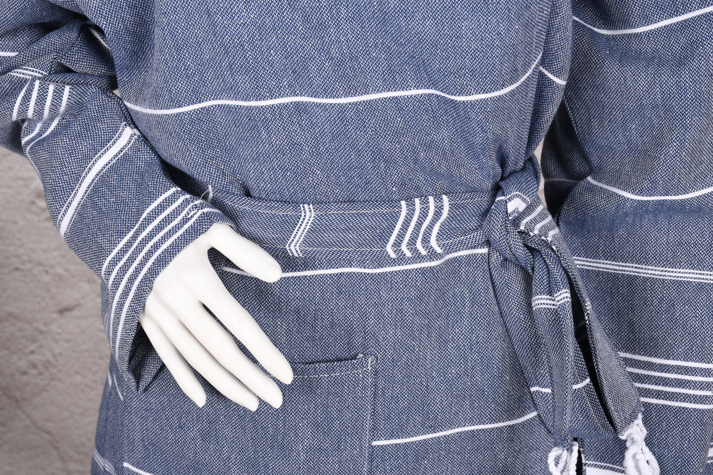 Denim Blue Minimal Stripe Hooded Turkish Towel Robe for Women