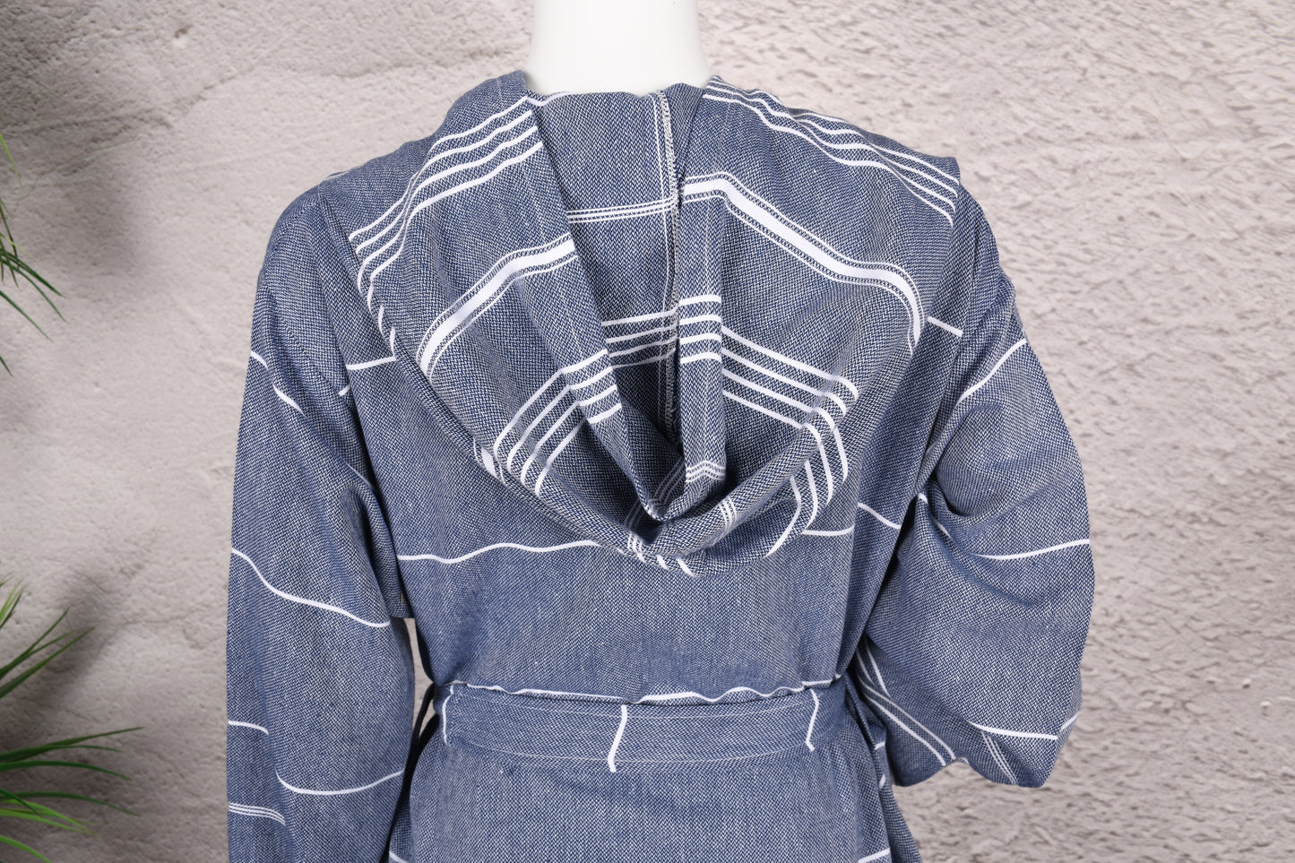 Denim Blue Minimal Stripe Hooded Turkish Towel Robe for Women