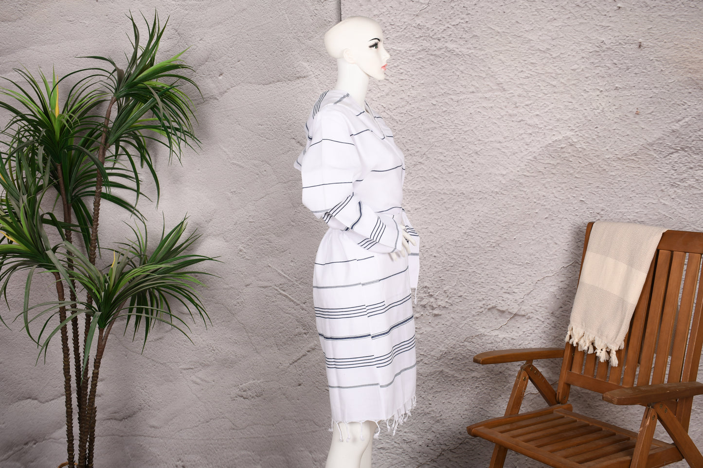White Navy Stripe Hooded Turkish Towel Robe for Women