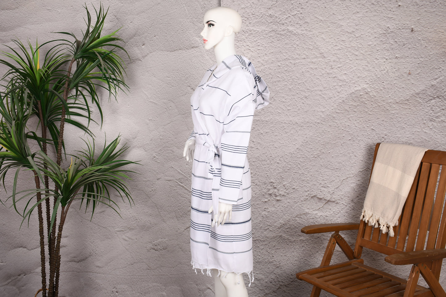 White Navy Stripe Hooded Turkish Towel Robe for Women