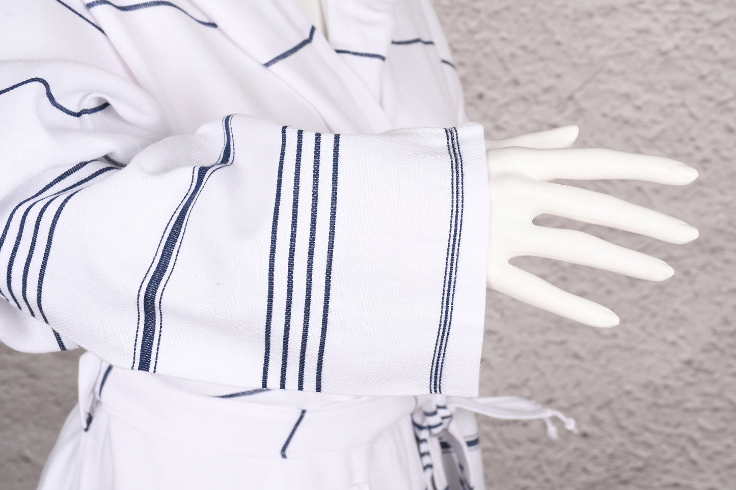 White Navy Stripe Hooded Turkish Towel Robe for Women