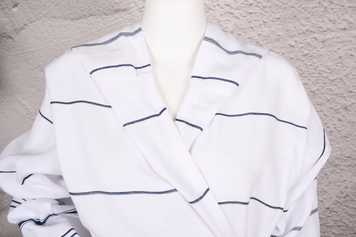 White Navy Stripe Hooded Turkish Towel Robe for Women
