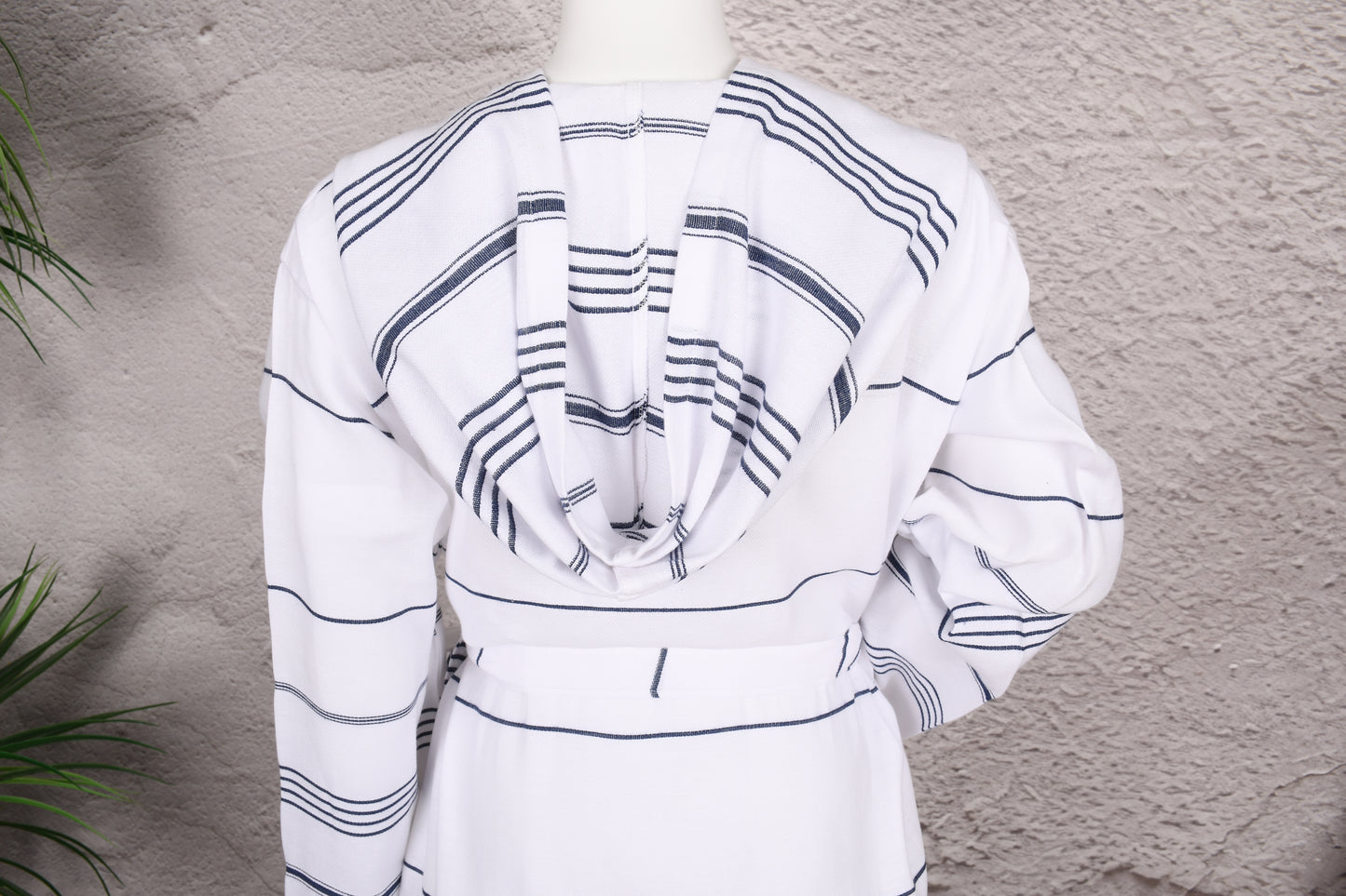 White Navy Stripe Hooded Turkish Towel Robe for Women