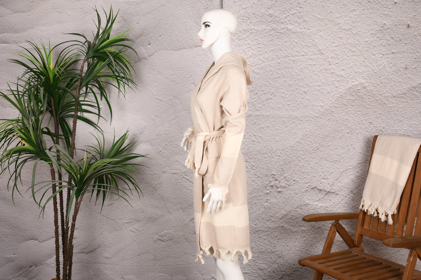 Natural Beige Hooded Turkish Towel Robe for Women