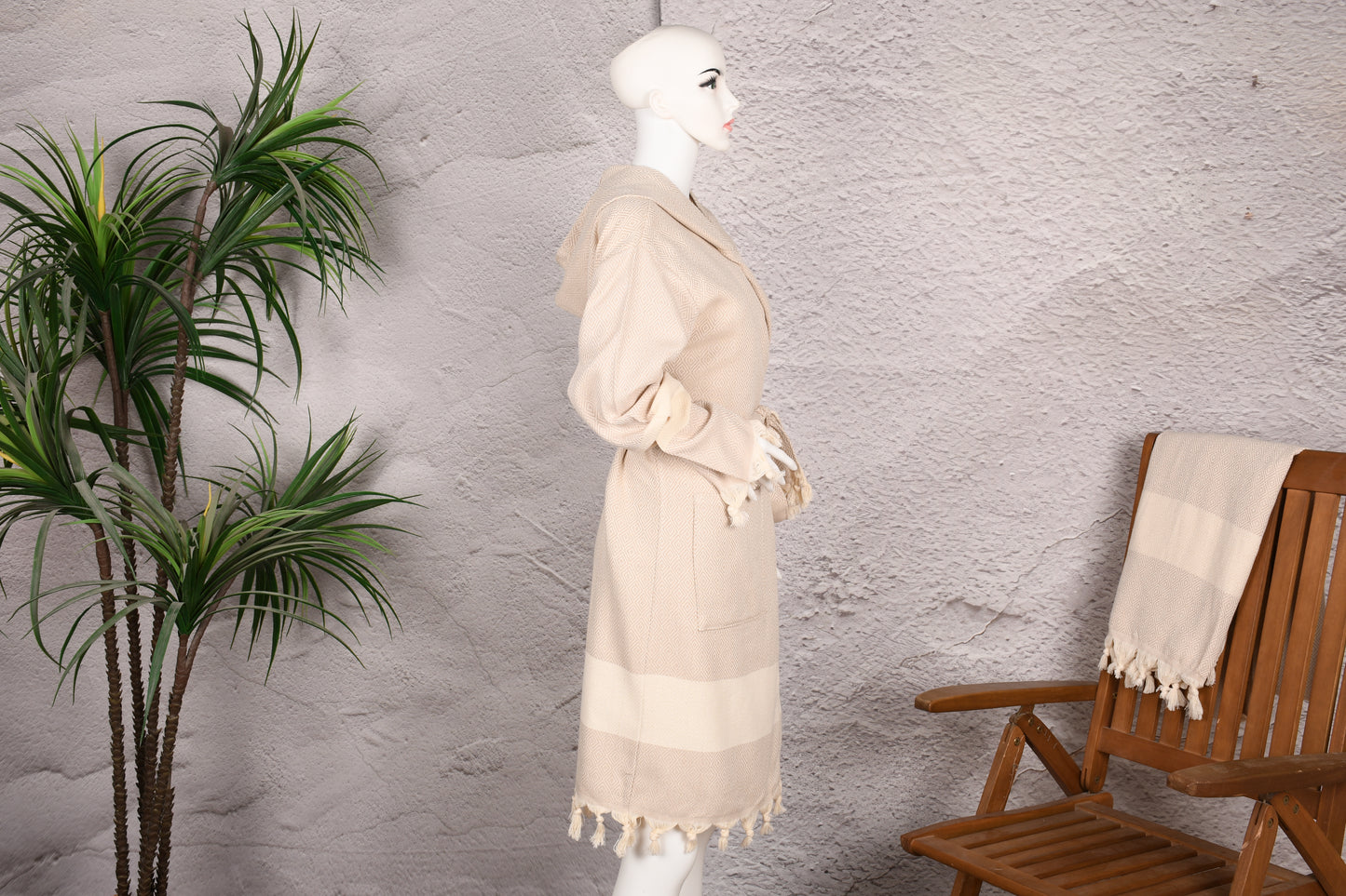 Natural Beige Hooded Turkish Towel Robe for Women