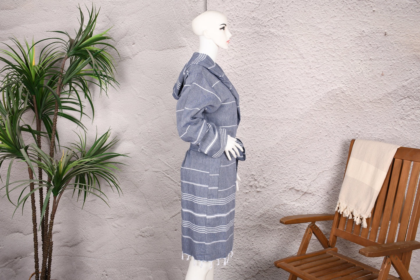 Steel Blue Wide Stripe Hooded Turkish Towel Robe for Women