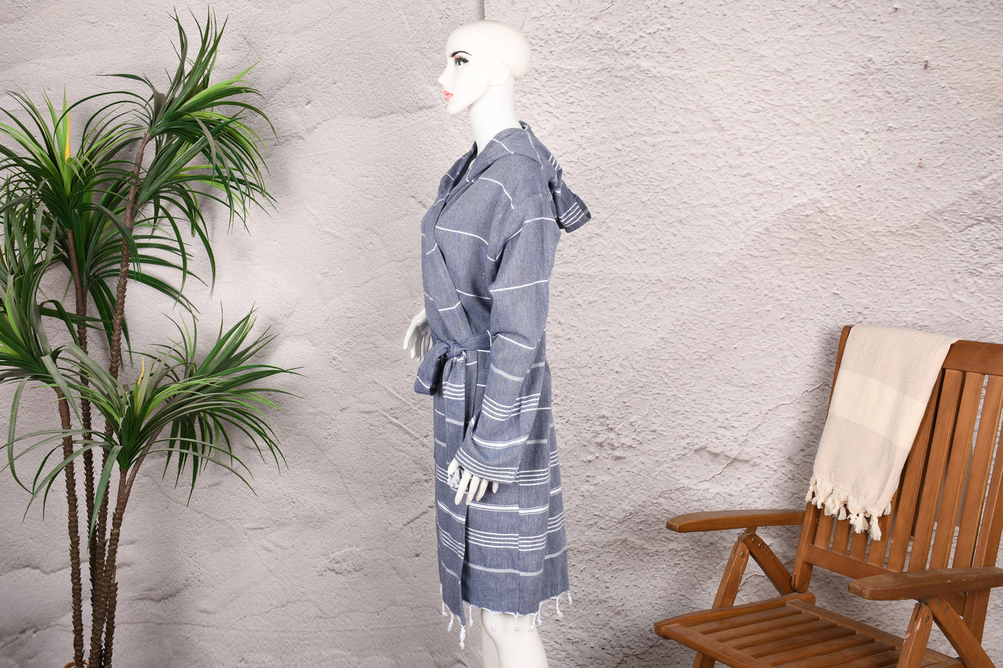 Steel Blue Wide Stripe Hooded Turkish Towel Robe for Women
