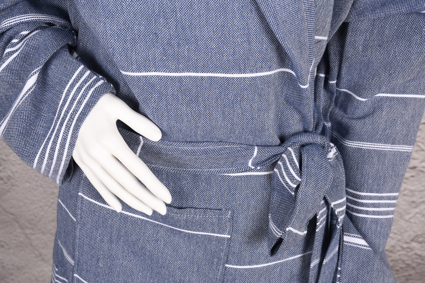 Steel Blue Wide Stripe Hooded Turkish Towel Robe for Women