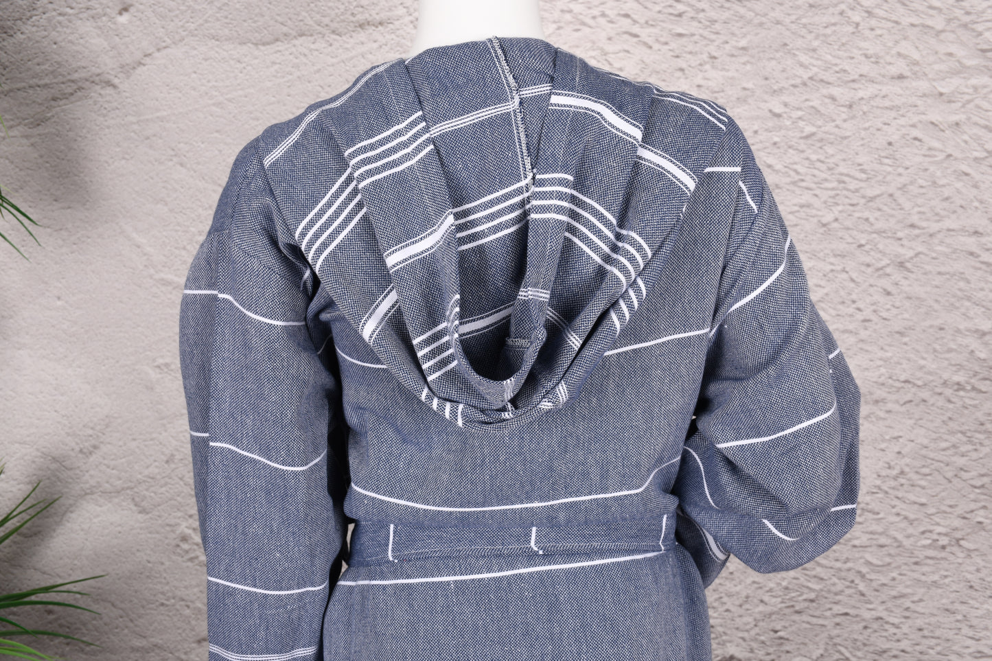 Steel Blue Wide Stripe Hooded Turkish Towel Robe for Women