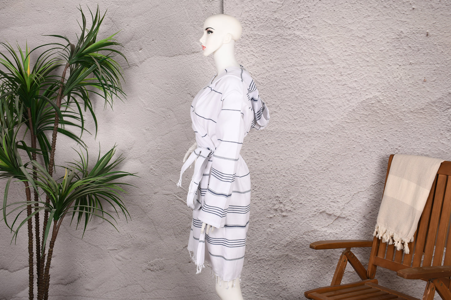 White Classic Stripe Hooded Turkish Towel Robe for Women