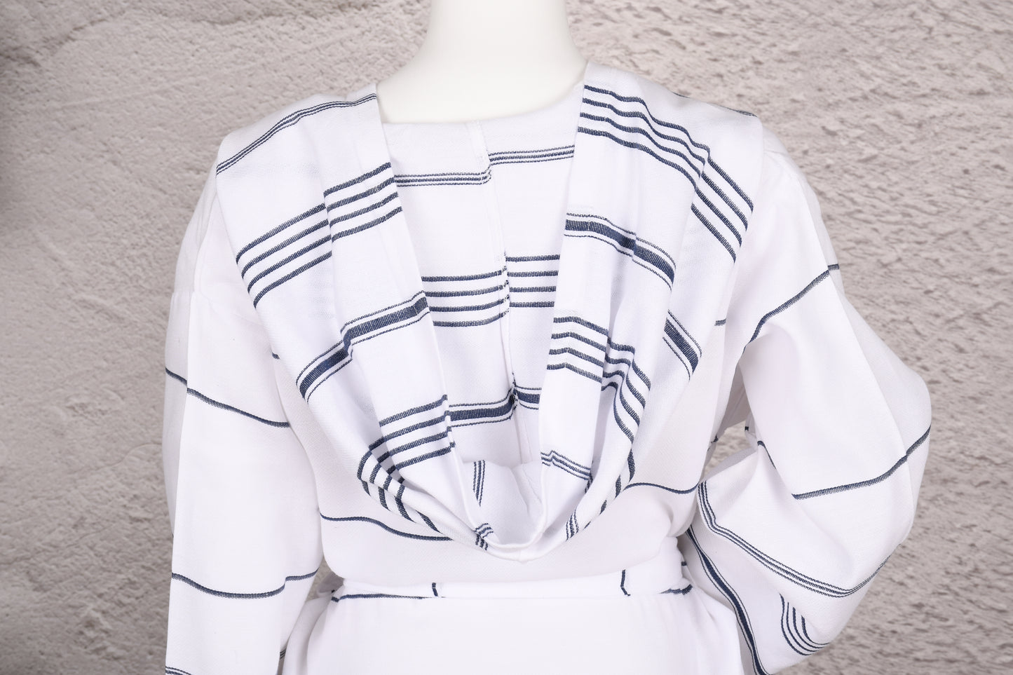 White Classic Stripe Hooded Turkish Towel Robe for Women