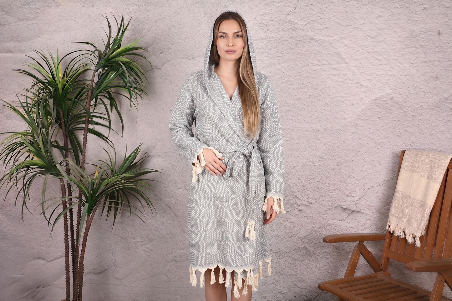 Taupe Gray Diamond Hooded Turkish Towel Robe for Women