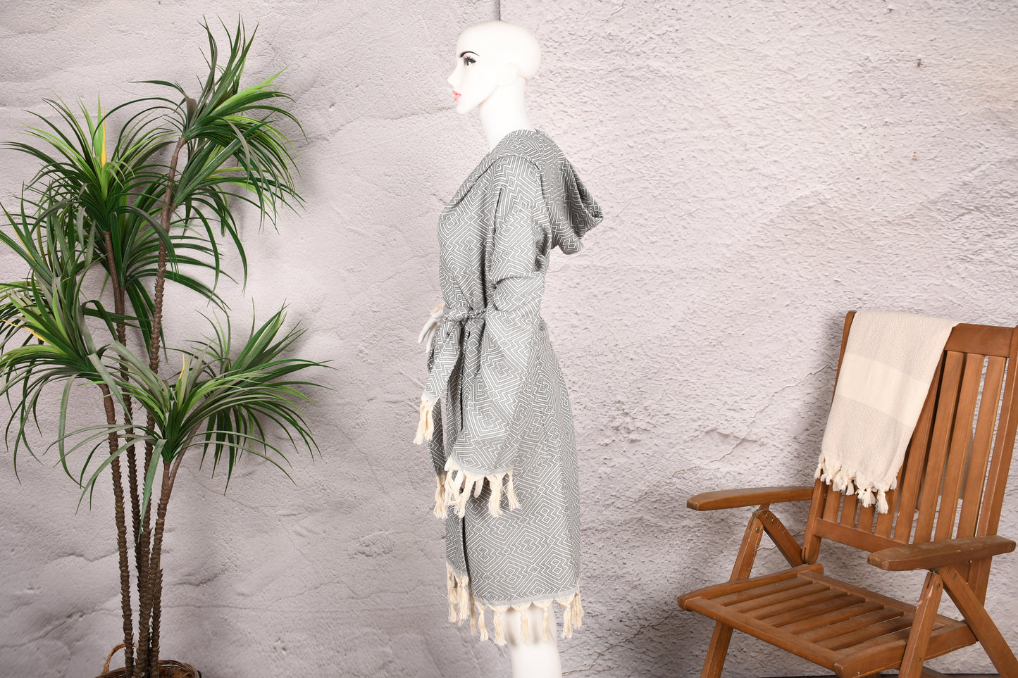 Taupe Gray Diamond Hooded Turkish Towel Robe for Women