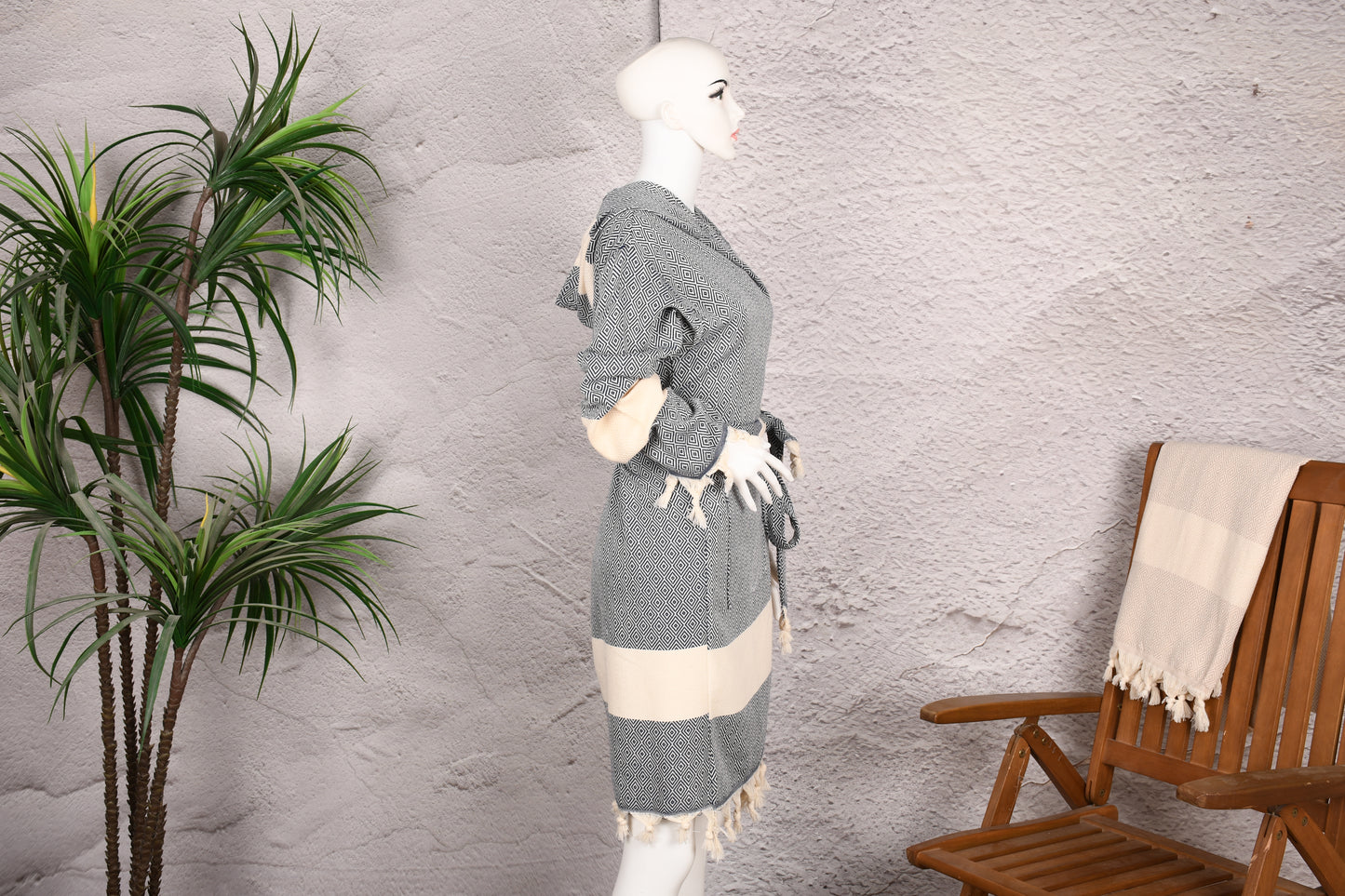 Charcoal Diamond Hooded Turkish Towel Robe for Women