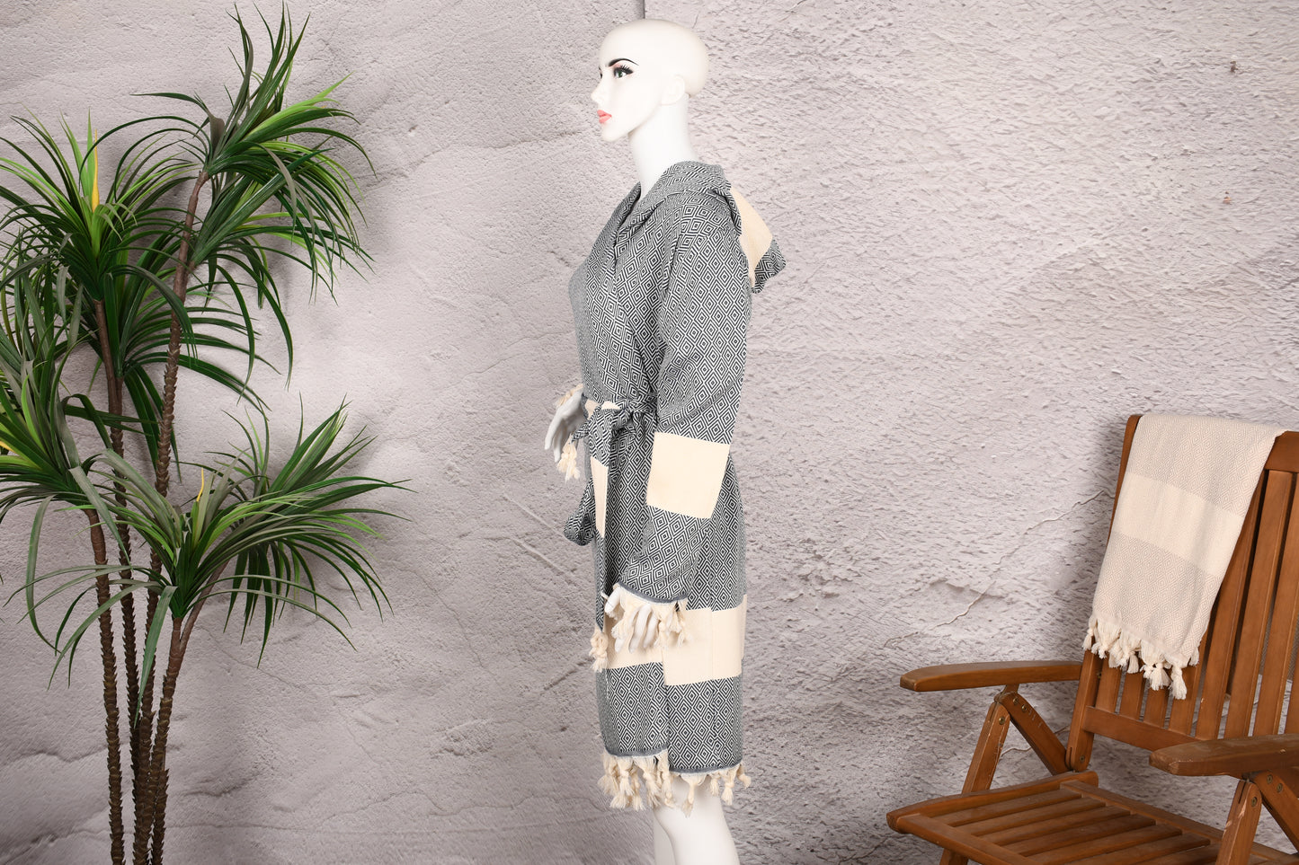 Charcoal Diamond Hooded Turkish Towel Robe for Women