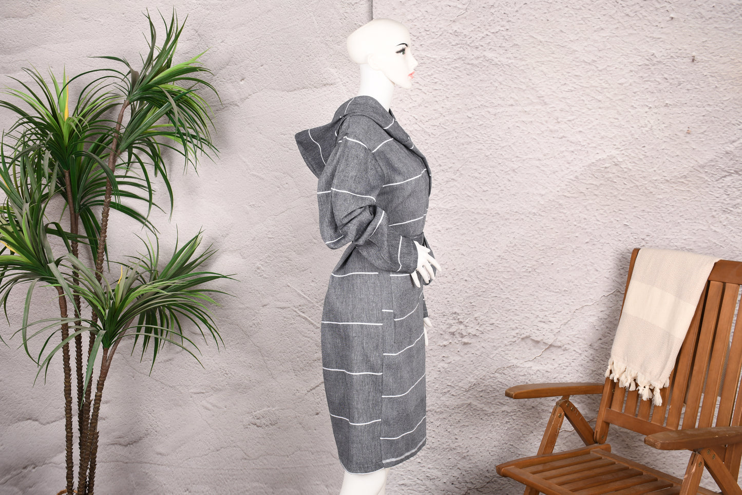 Charcoal Stripe Hooded Turkish Towel Robe for Women